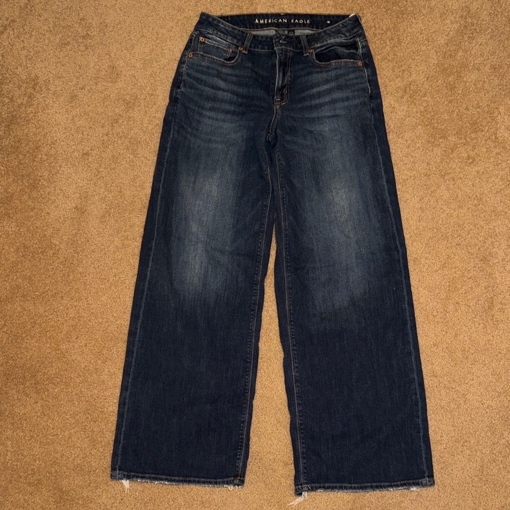 American Eagle Outfitters Women's Dark Blue Wide Leg Jeans LONG